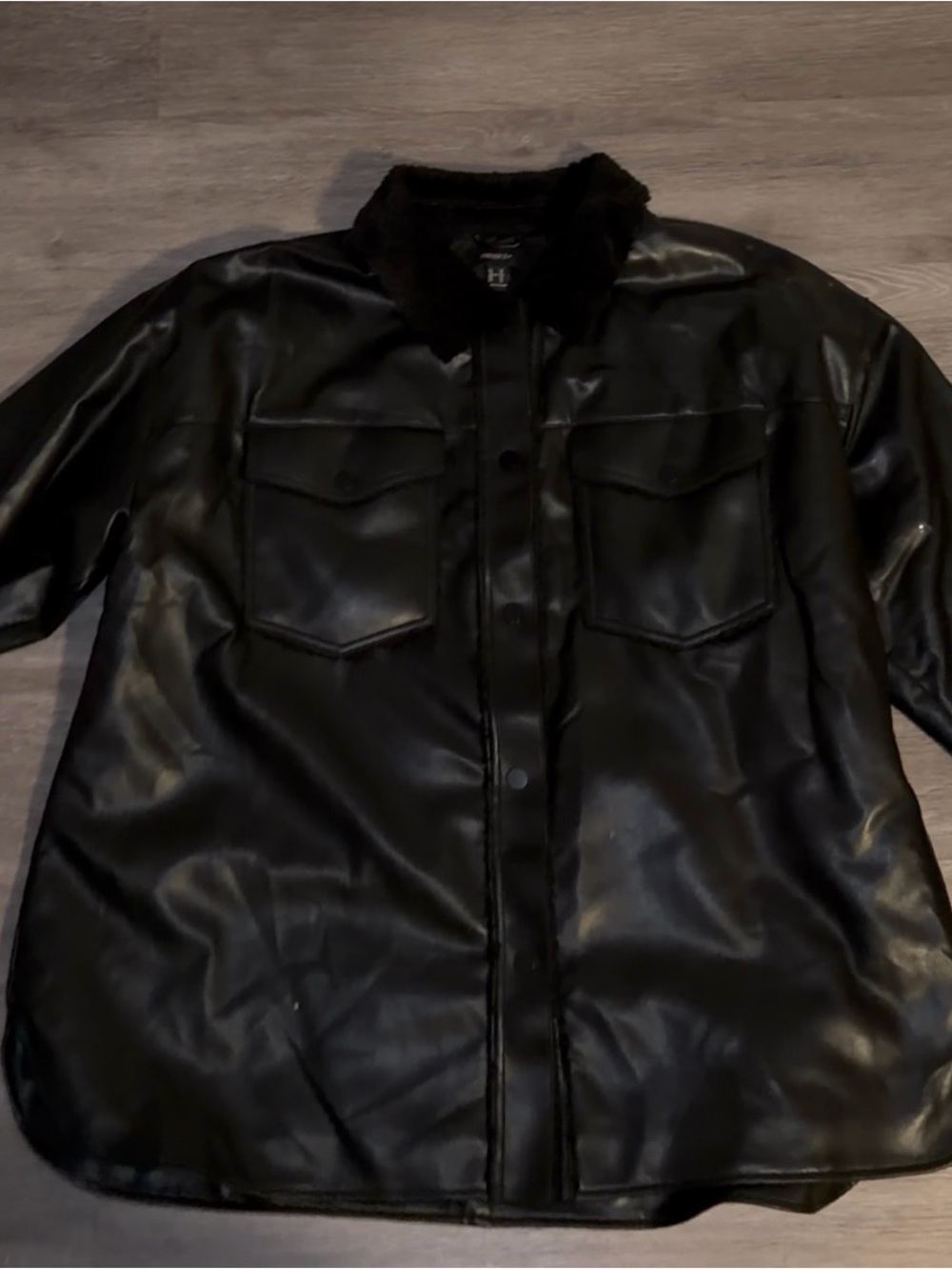 Forever 21 Black Faux Leather Sherpa Shirt Jacket